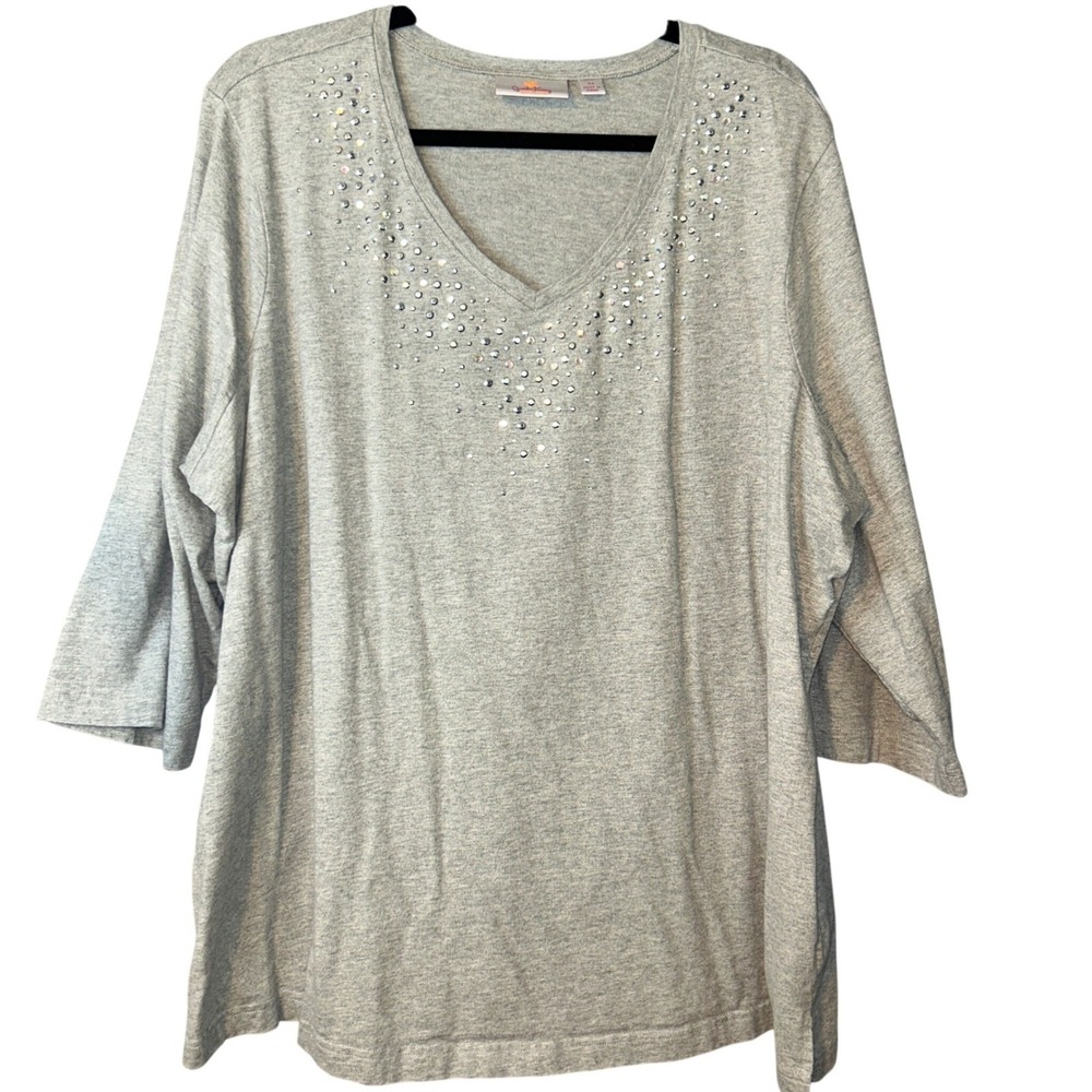 Quacker Factory Womens Plus Embellished Glam Sparkly V-Neck T-Shirt Grey 3X
